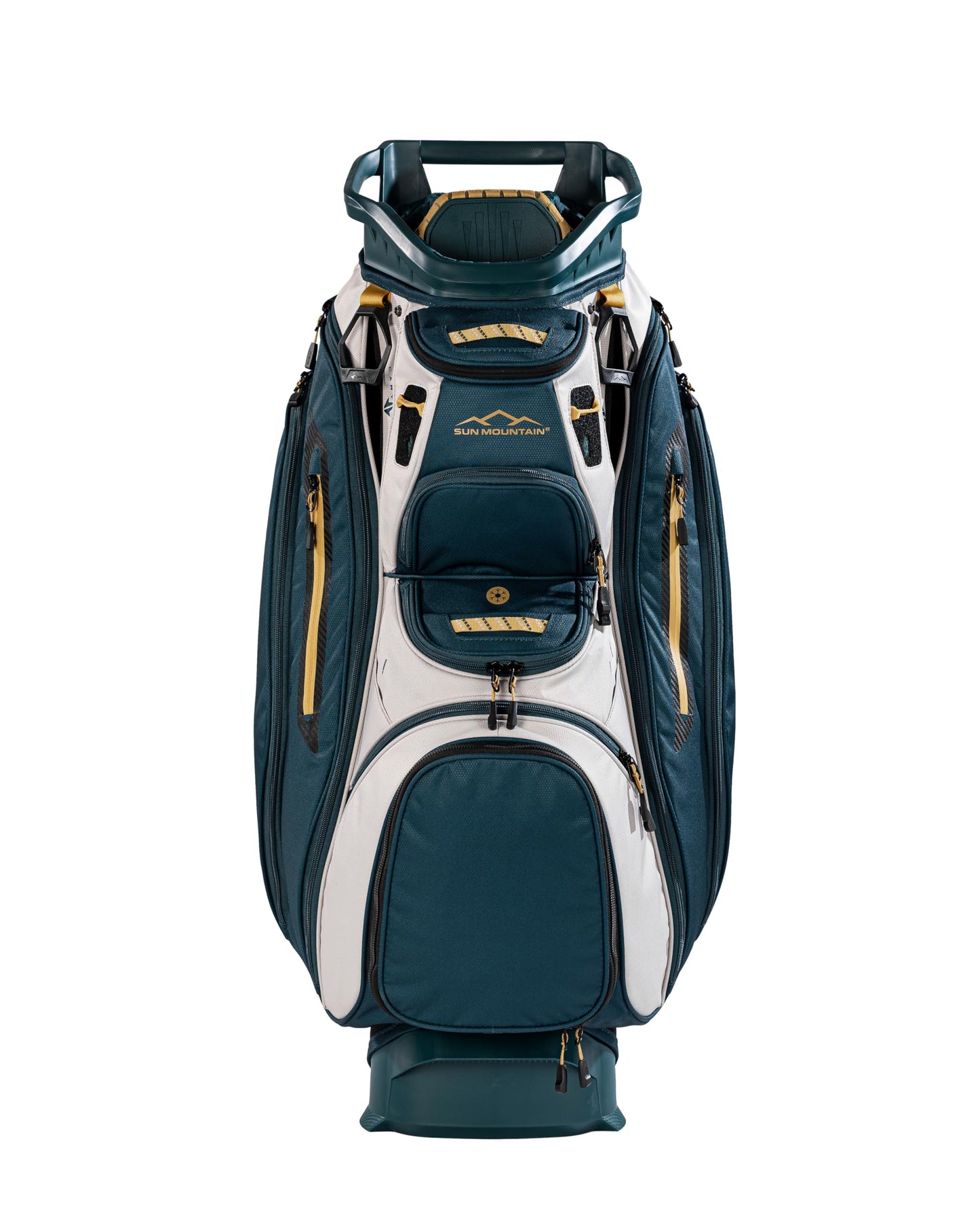 Blue and white golf bag with gold accents on a white background