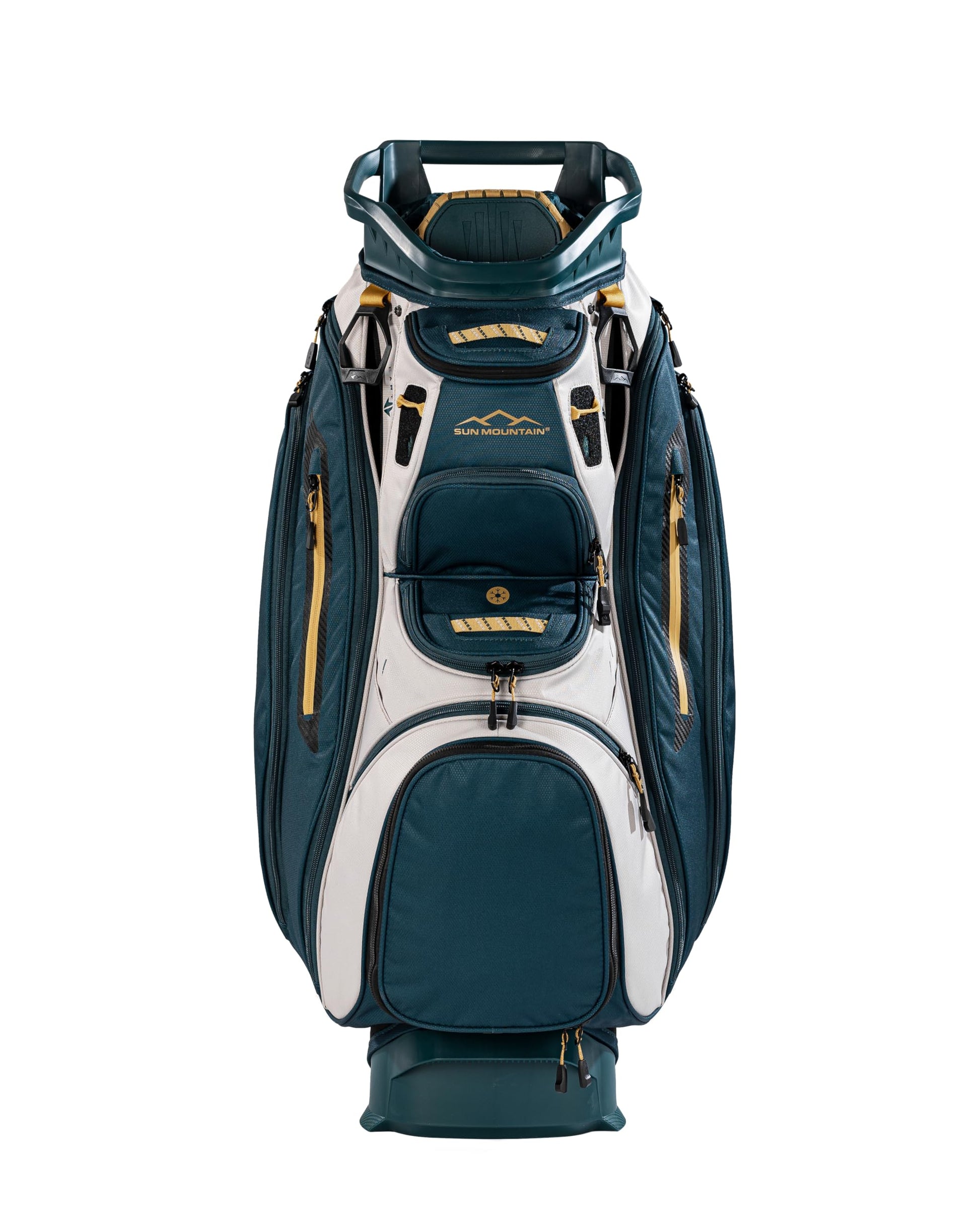 Blue and white golf bag with gold accents on a white background