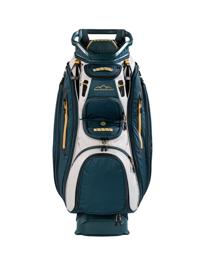 Blue and white golf bag with gold accents on a white background