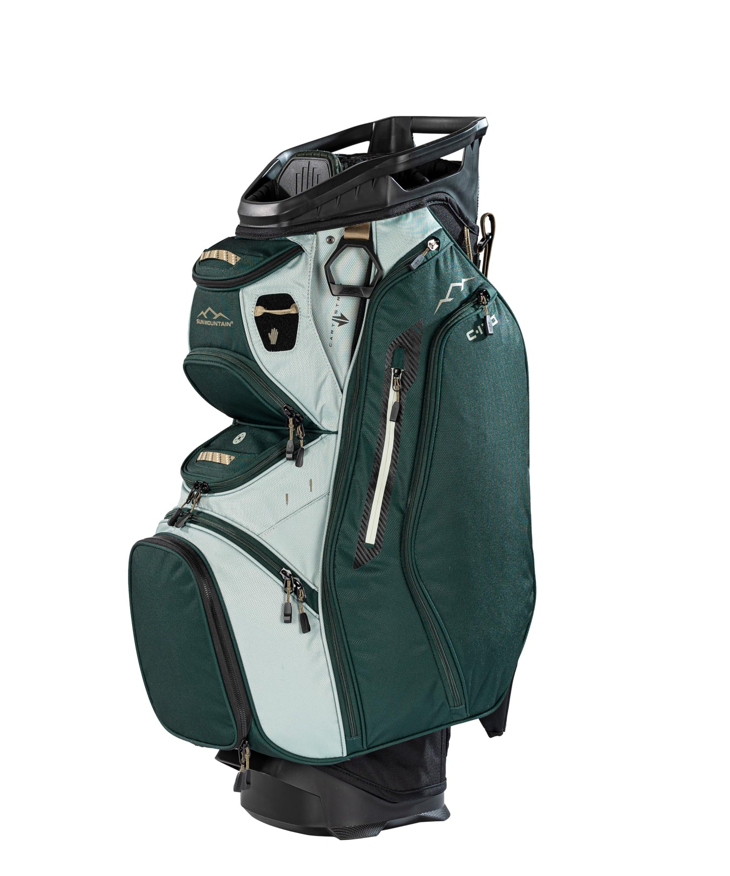 Green golf bag with multiple compartments on a white background