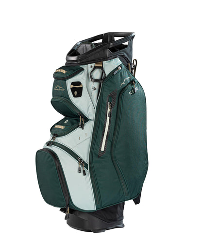 Green golf bag with multiple compartments on a white background