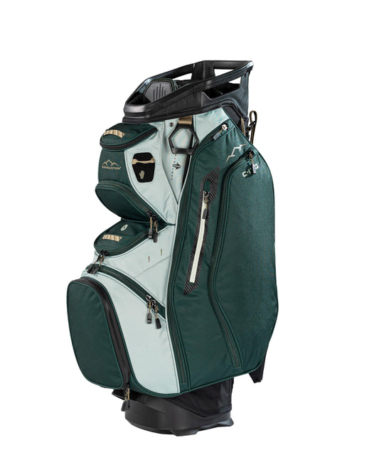 Green golf bag with multiple compartments on a white background