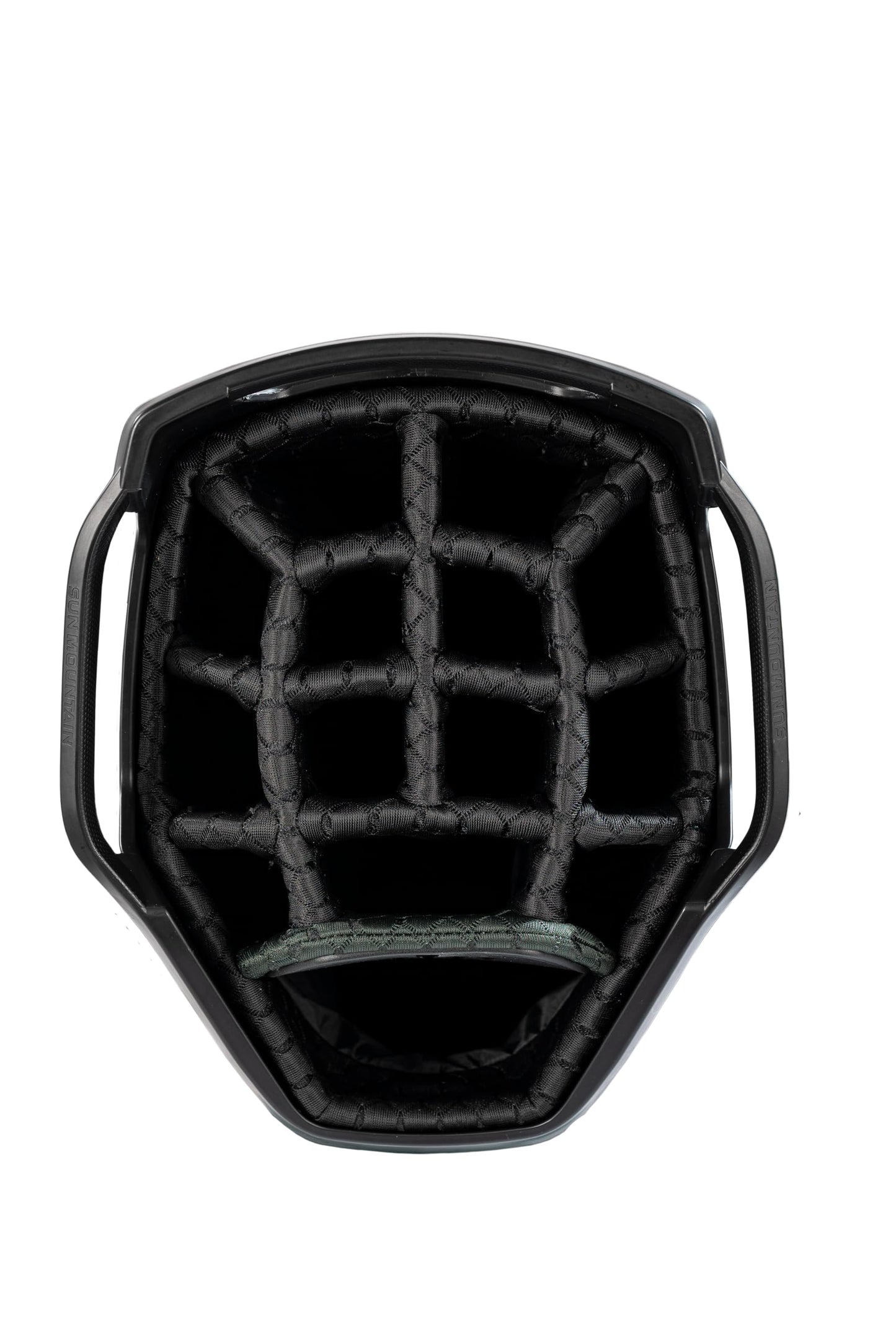 Close-up of a golf bag 14-way top in black.