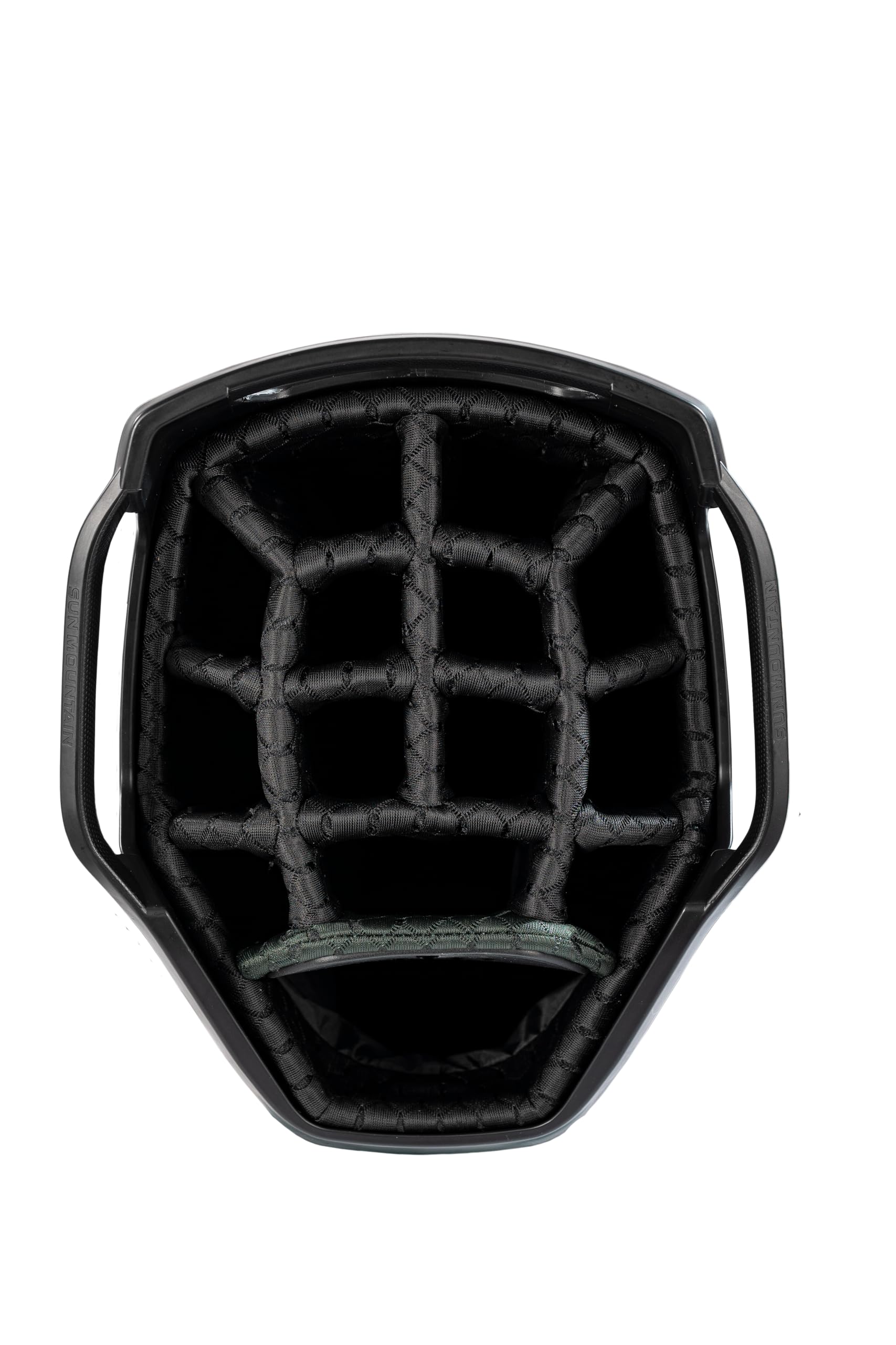 Close-up of a golf bag 14-way top in black.