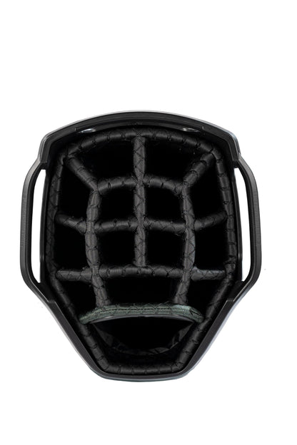 Close-up of a golf bag 14-way top in black.