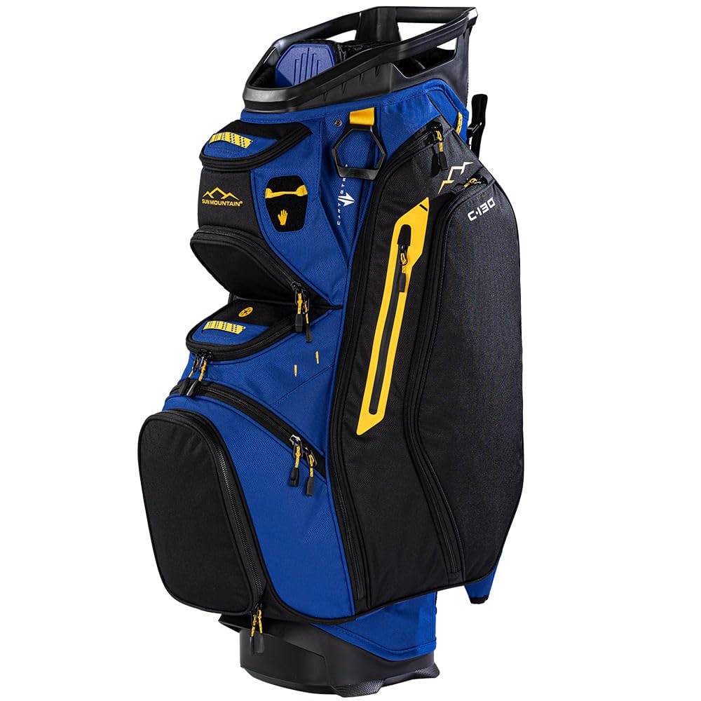 Blue and black golf bag with yellow accents on a white background