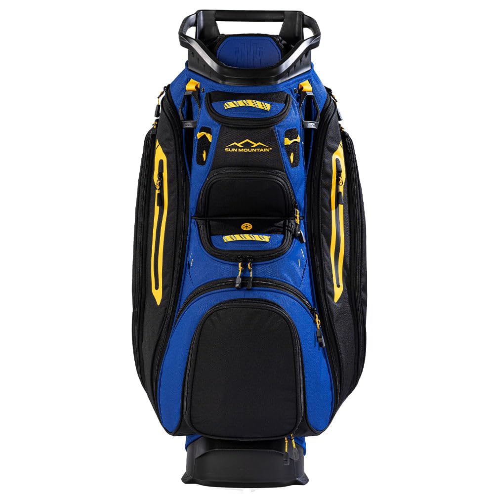 Blue and black golf bag with yellow accents on a white background