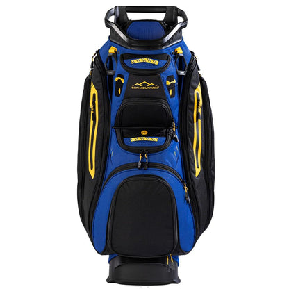 Blue and black golf bag with yellow accents on a white background