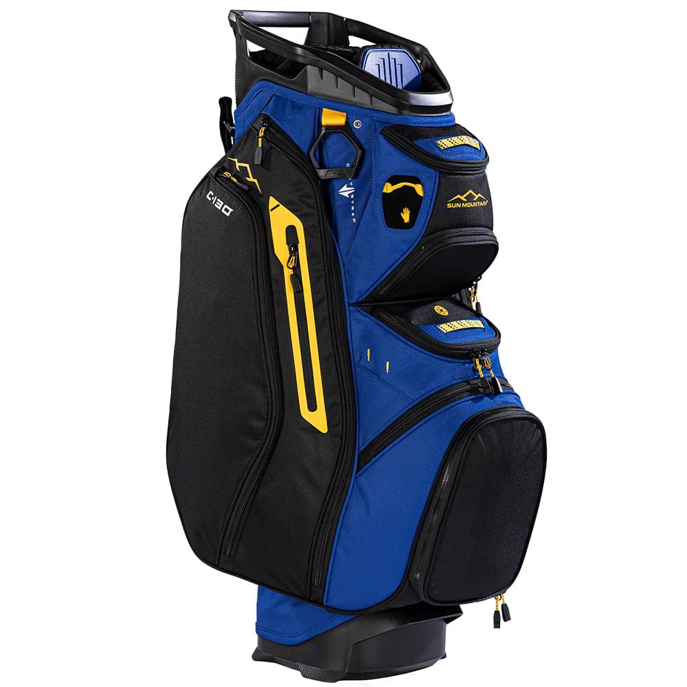 Blue and black golf bag with yellow accents on a white background