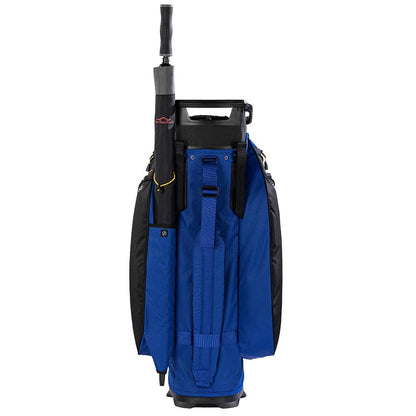 Blue golf bag with black accents on a white background