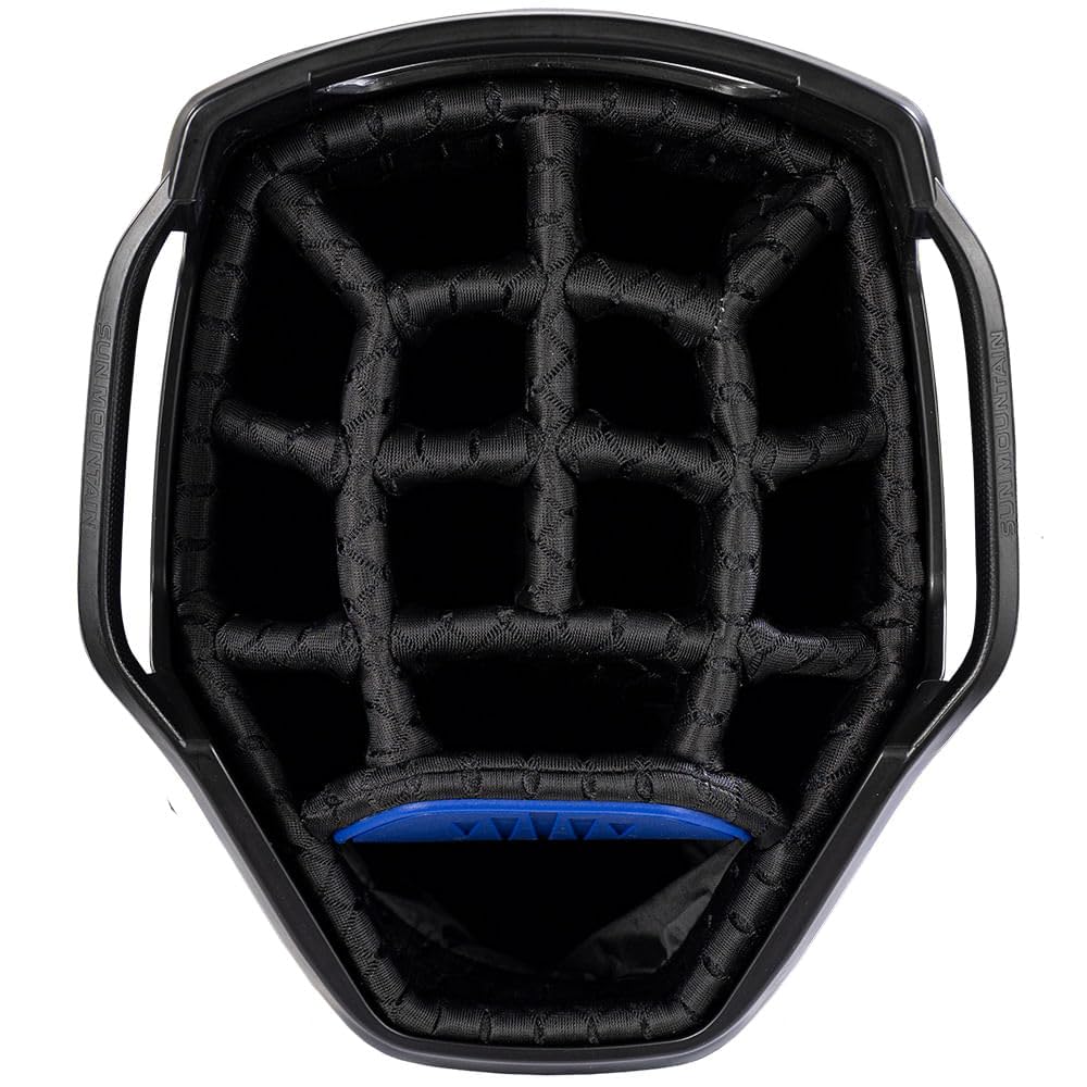 Close-up of a golf bag 14-way top in black and blue.