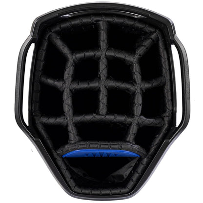 Close-up of a golf bag 14-way top in black and blue.