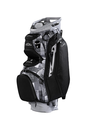 Black and gray golf bag with patterned design on a white background