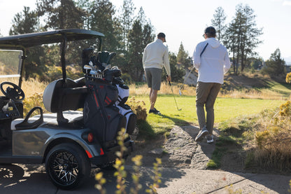 Golfers on a course with a golf cart and trees in the background