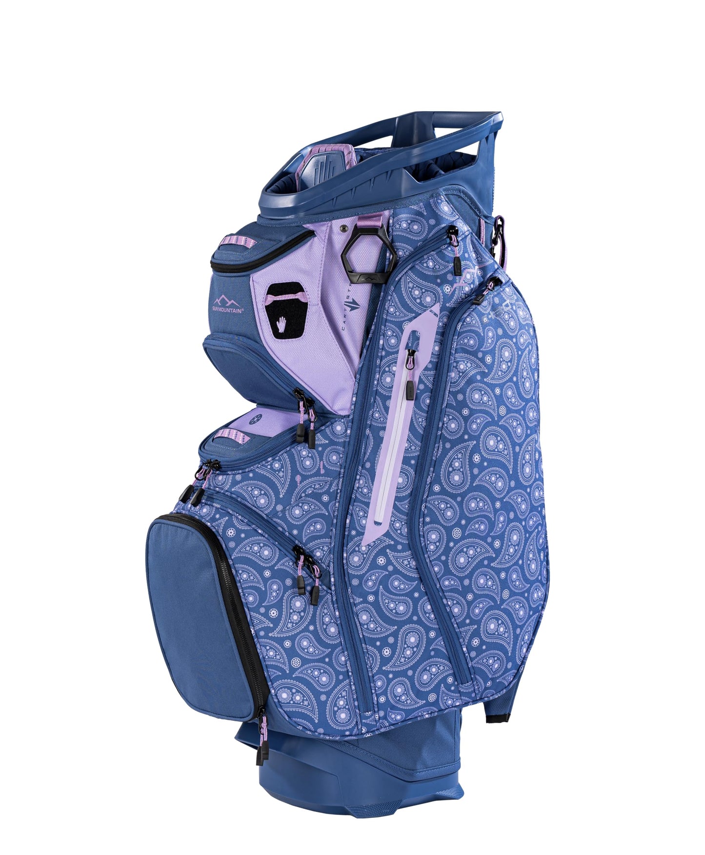 Blue and purple golf bag with paisley pattern on a white background