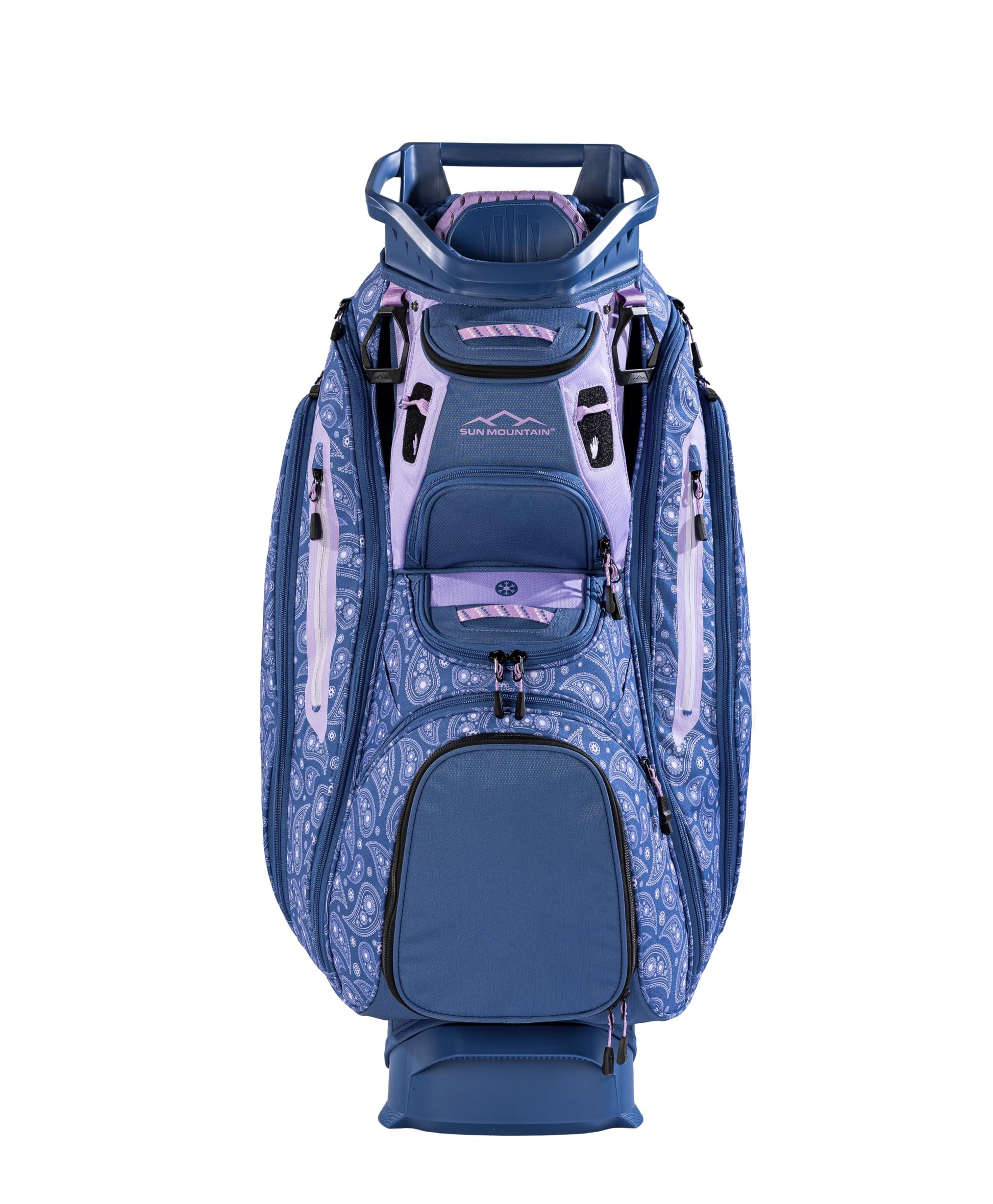 Blue golf bag with floral pattern on a white background