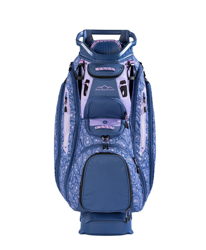 Blue golf bag with floral pattern on a white background