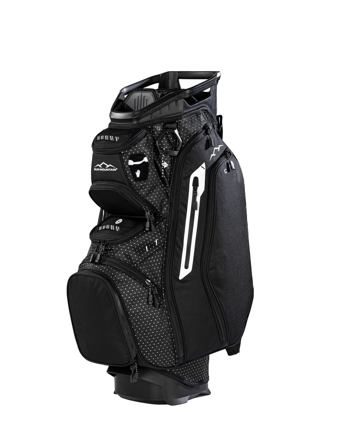 Black golf bag with a visible brand logo on a white background