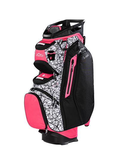 Golf bag with pink and black design on a white background