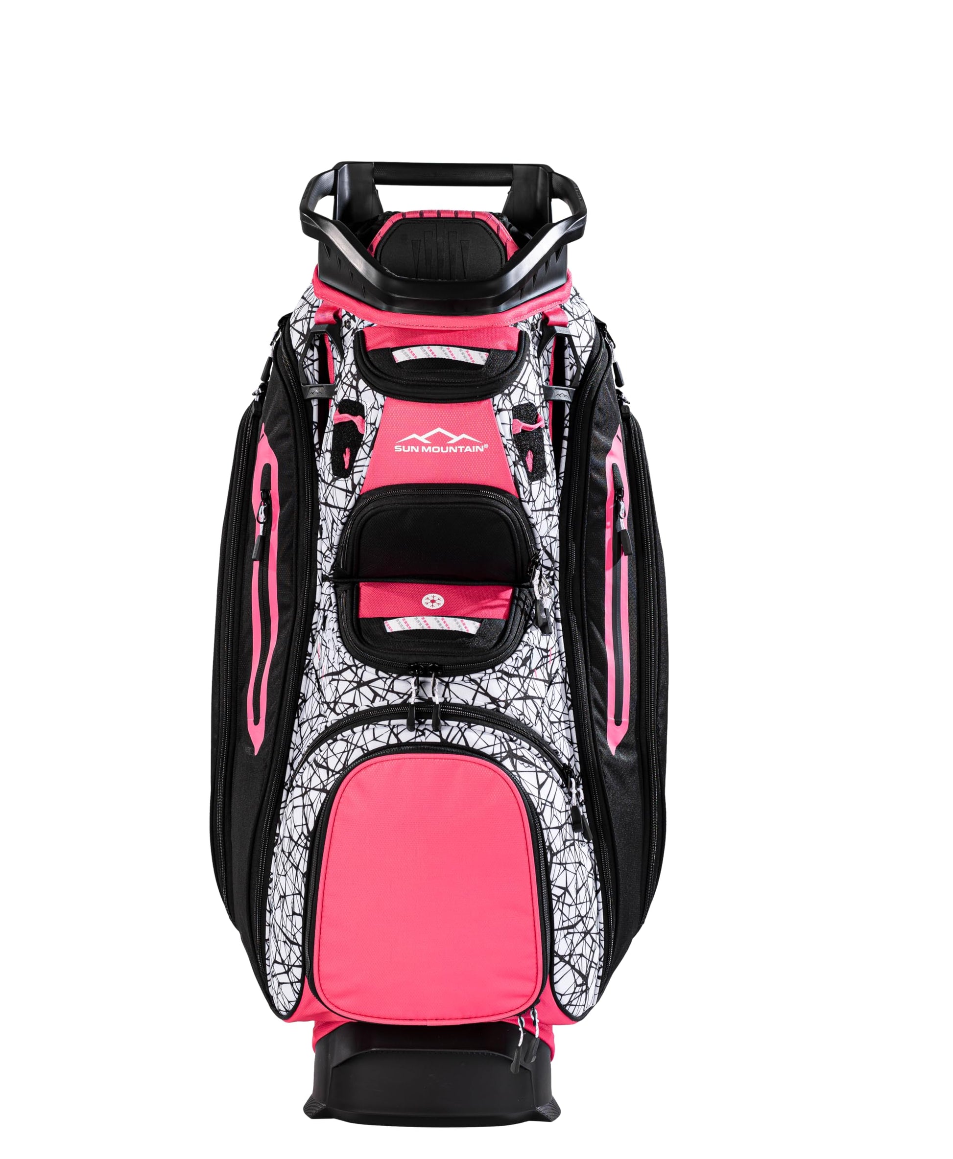 Pink and black golf bag with a white background