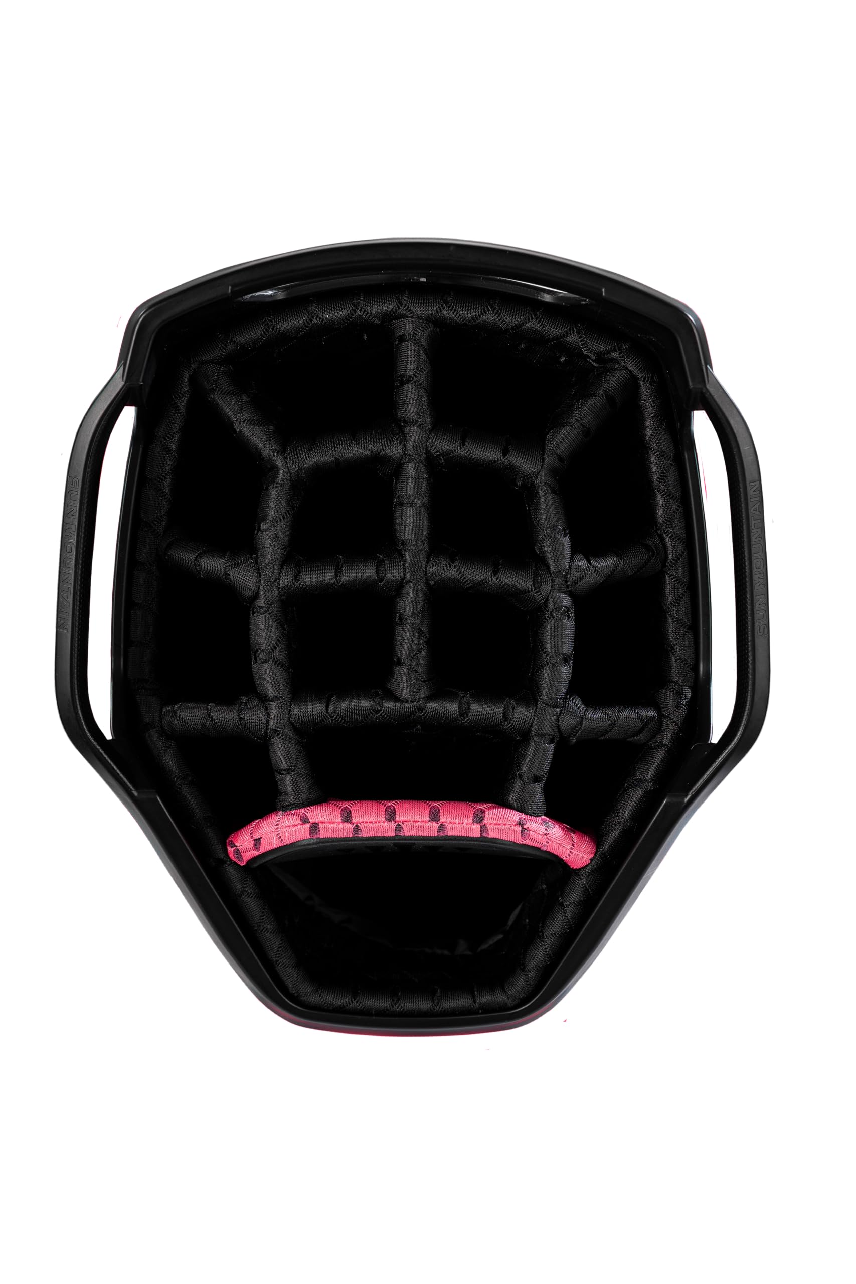 Close-up of a golf bag 14-way top in black.