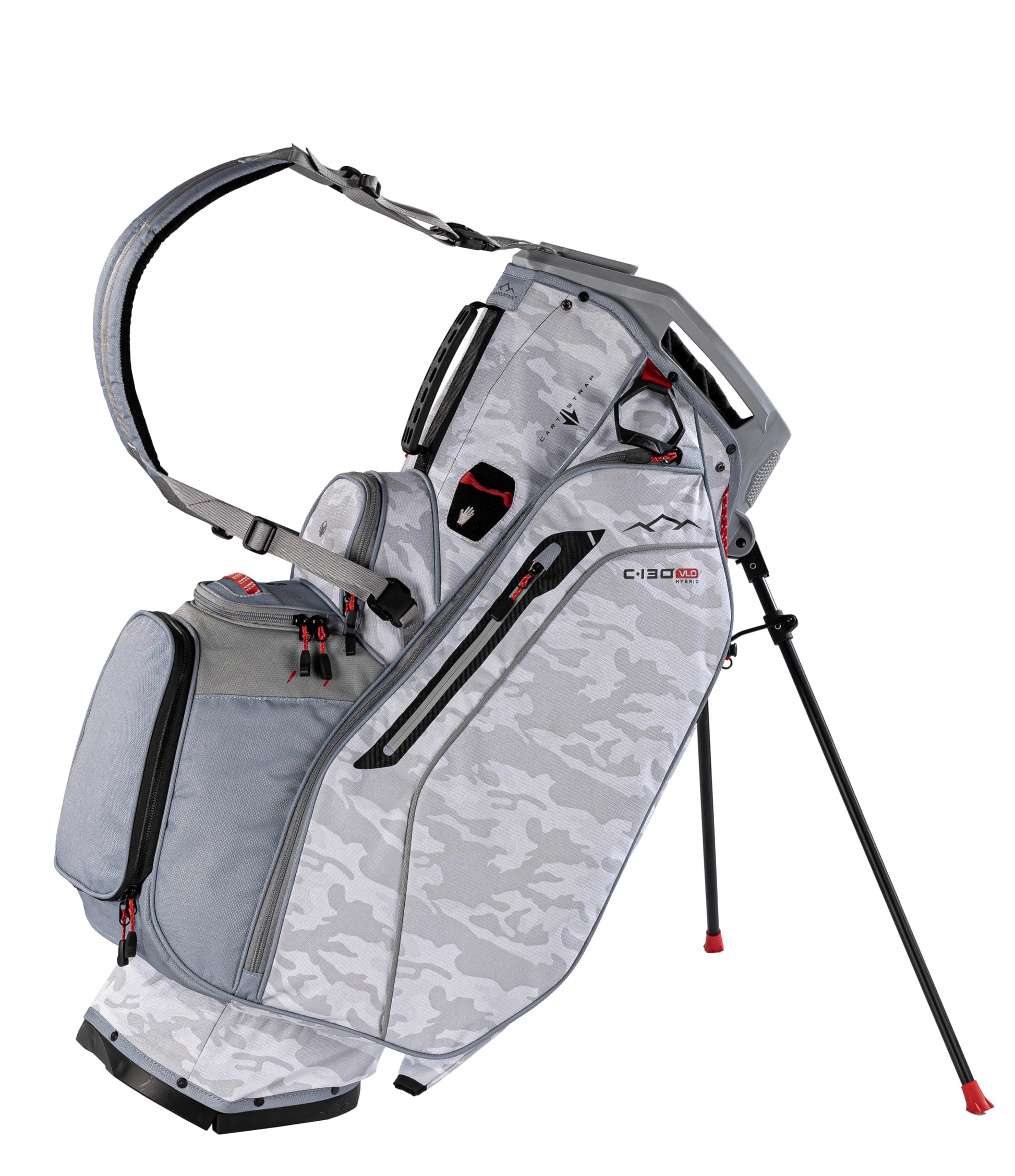 Gray and white camouflage golf bag with stand on a white background