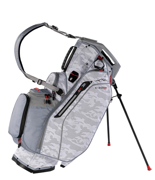 Gray and white camouflage golf bag with stand on a white background