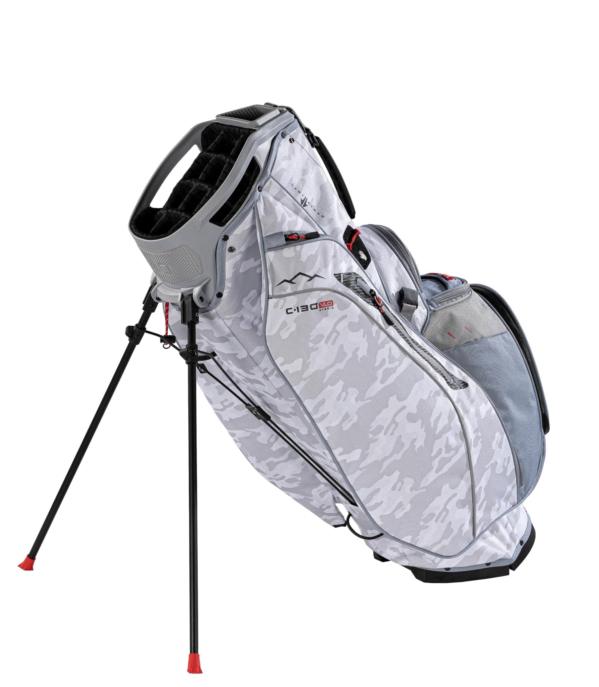 Gray golf bag with black stand on a white background