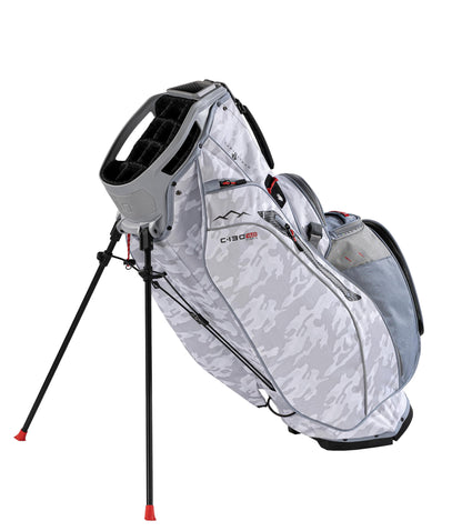 Gray golf bag with black stand on a white background