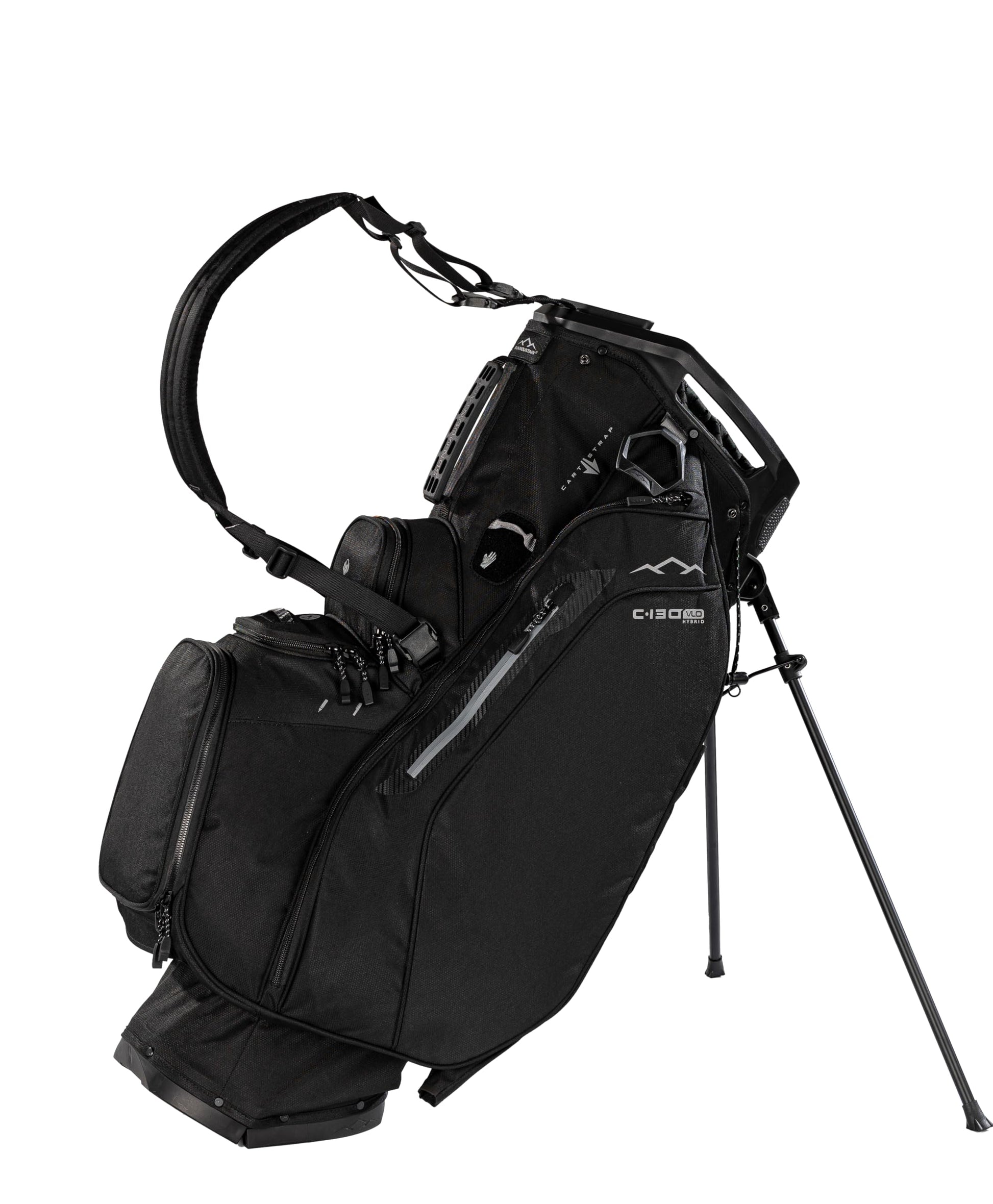 Black golf bag with stand on a white background