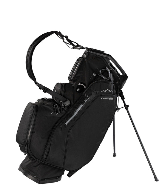 Black golf bag with stand on a white background