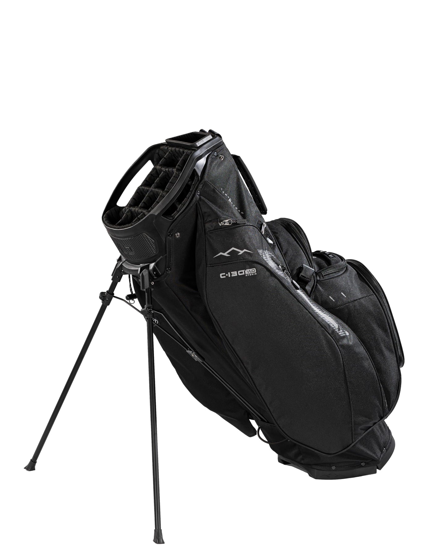 Black golf bag with a stand on a white background