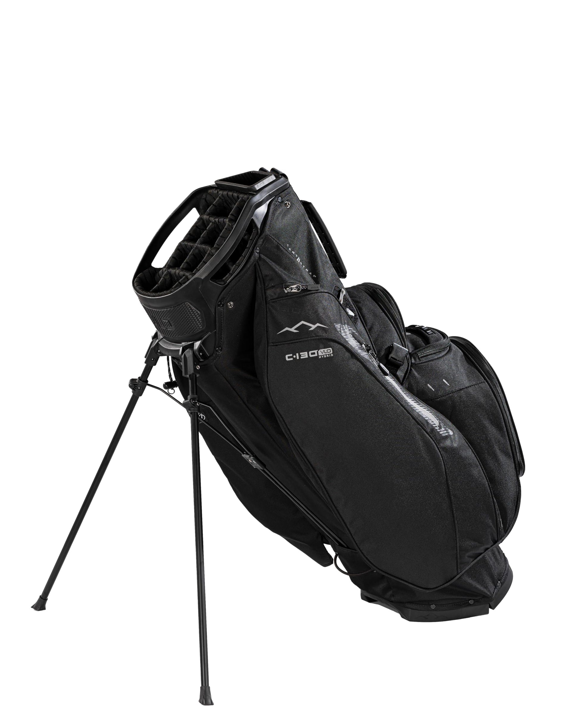Black golf bag with a stand on a white background