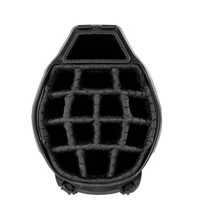 Close-up of a golf bag 14-way top in black.