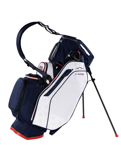 Navy and white golf bag with red accents on a white background