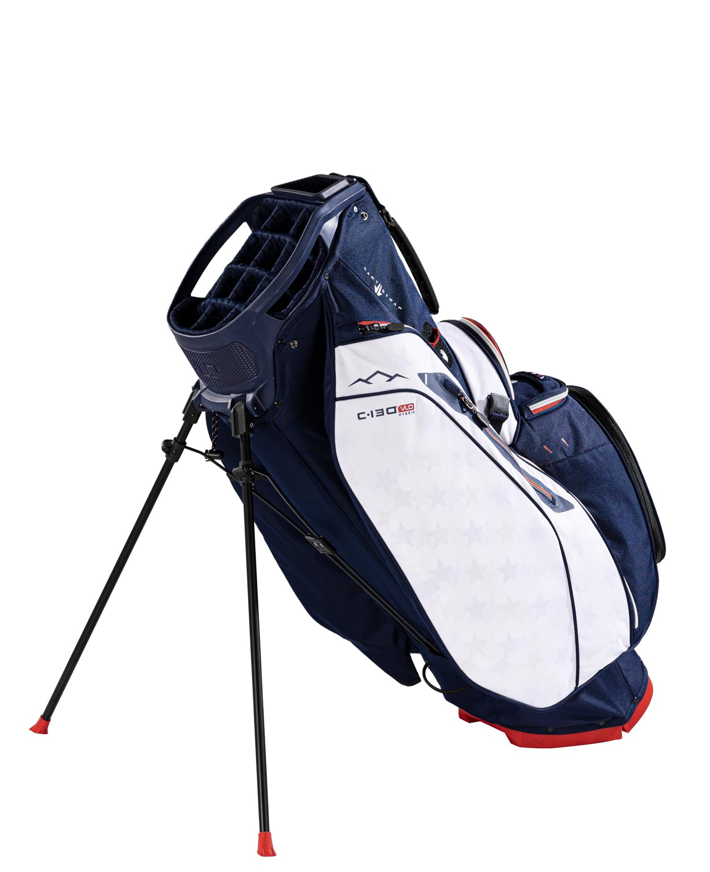 Navy and white golf bag with a club on a white background