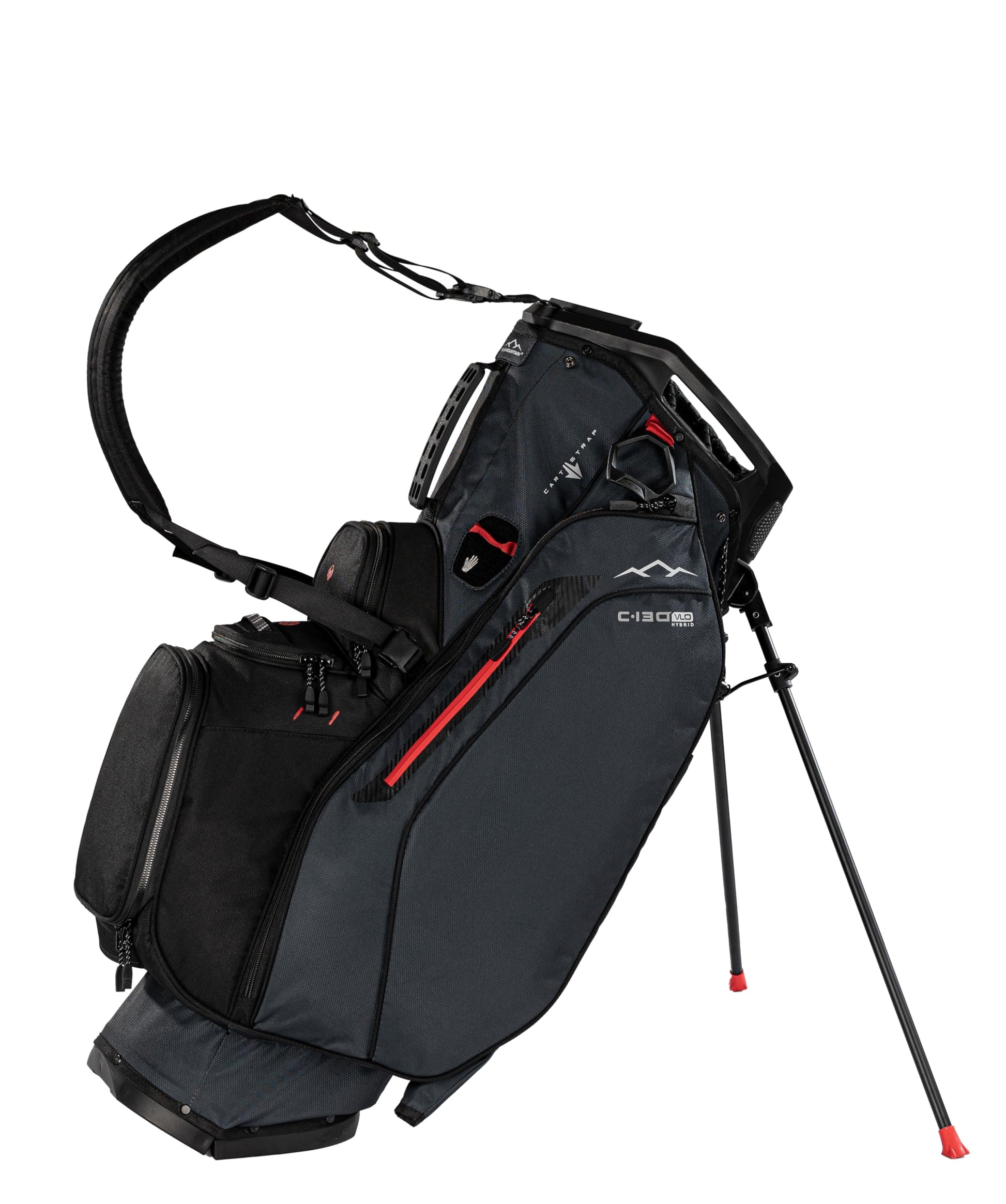 Black golf bag with red accents on a white background