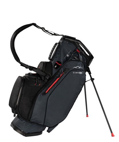 Black golf bag with red accents on a white background