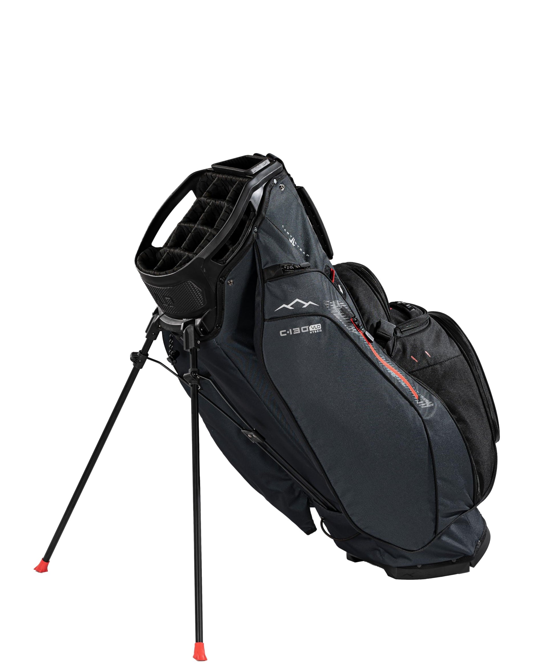 Black golf bag with stand on a white background