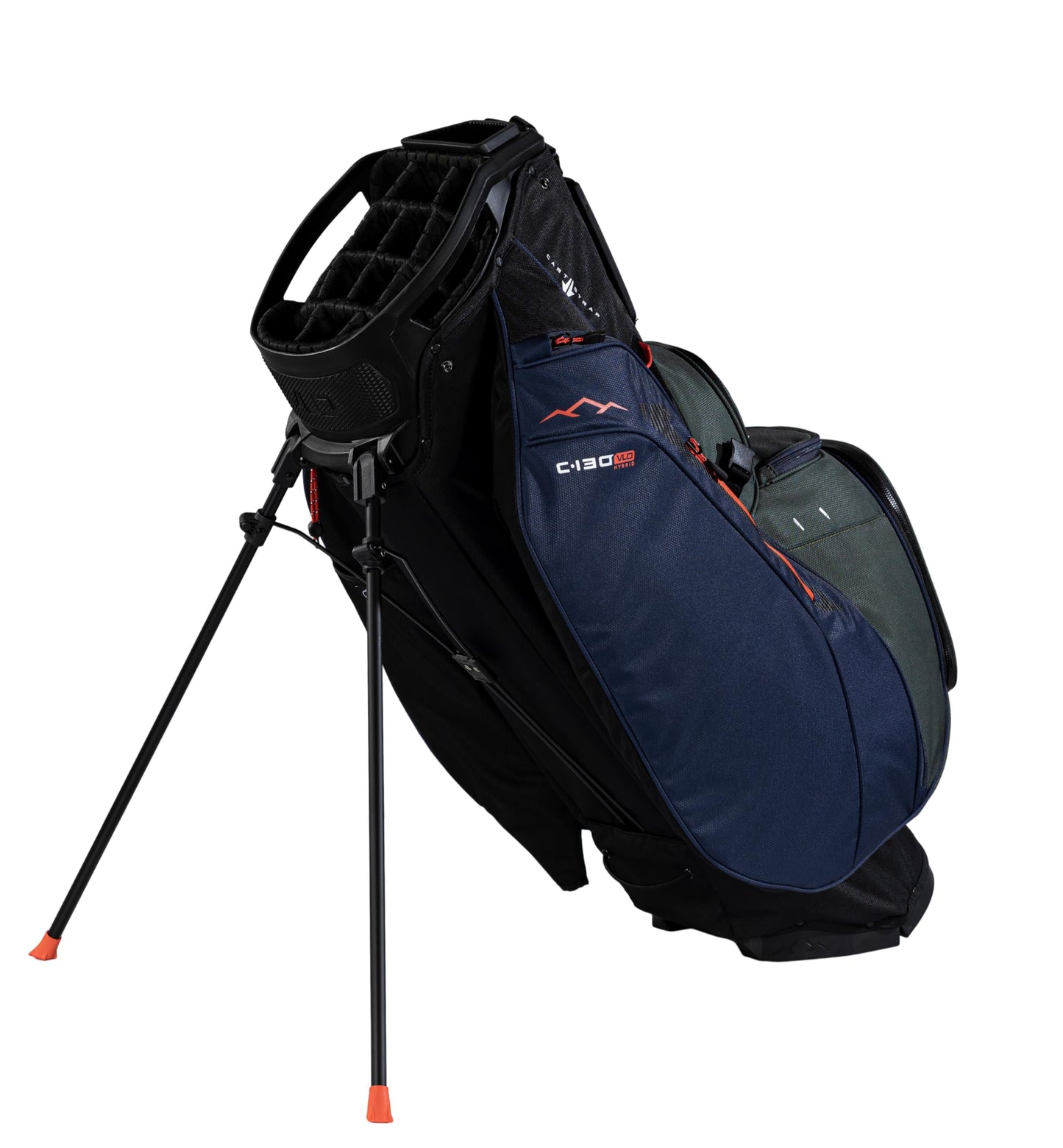Navy and black golf bag with stand on a white background