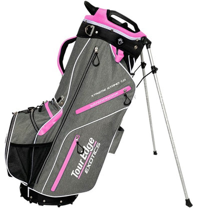 An image of Tour Edge Golf Exotics Xtreme Stand 7.0 Heather Grey/Pink/White on a white background