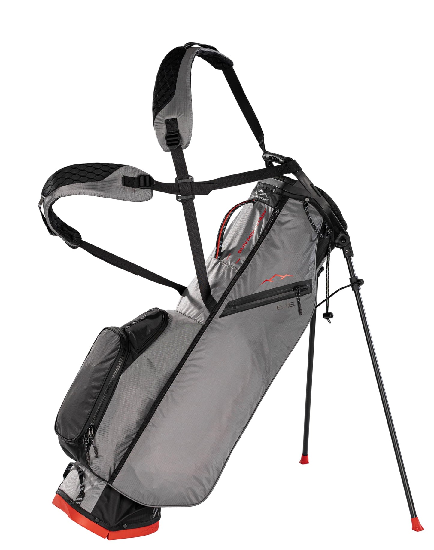 Gray golf bag with black straps and red accents on a white background