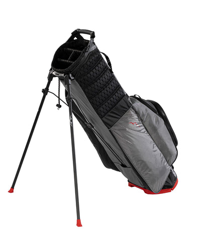 Gray and black golf bag with red accents on a white background