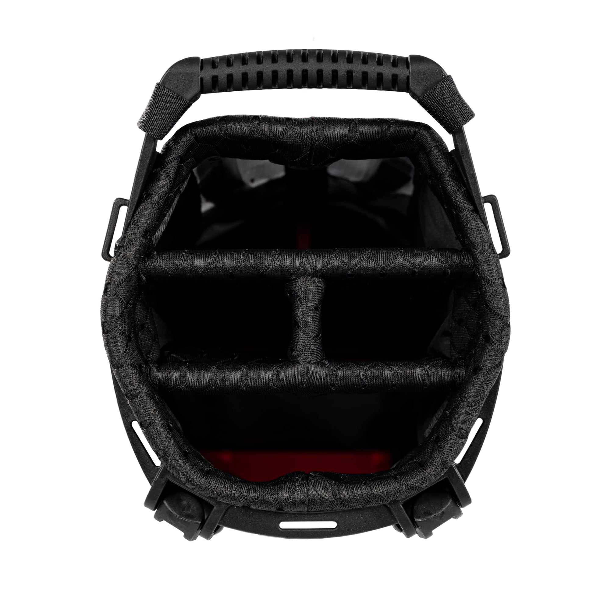 Close-up of a golf bag 14-way top in black.