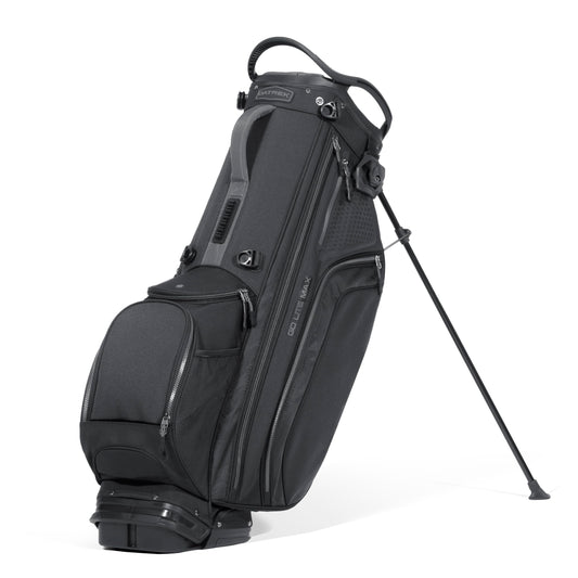 Black golf bag with stand on a white background
