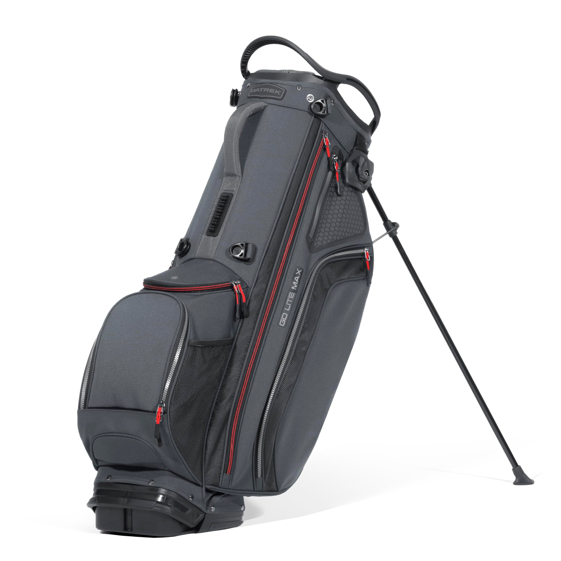 Gray golf bag with red accents on a white background