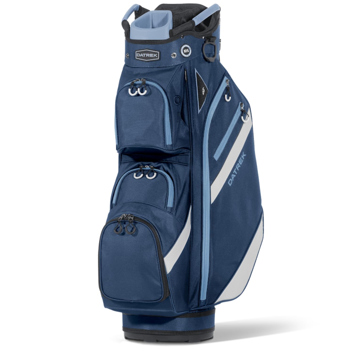 Blue golf bag with white accents on a white background