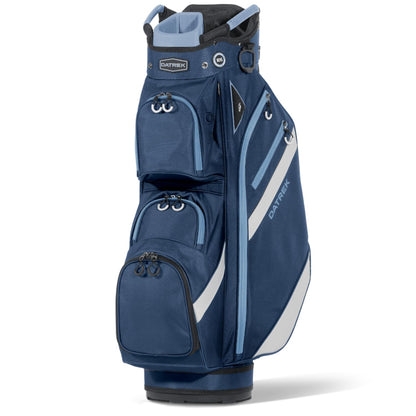 Blue golf bag with white accents on a white background