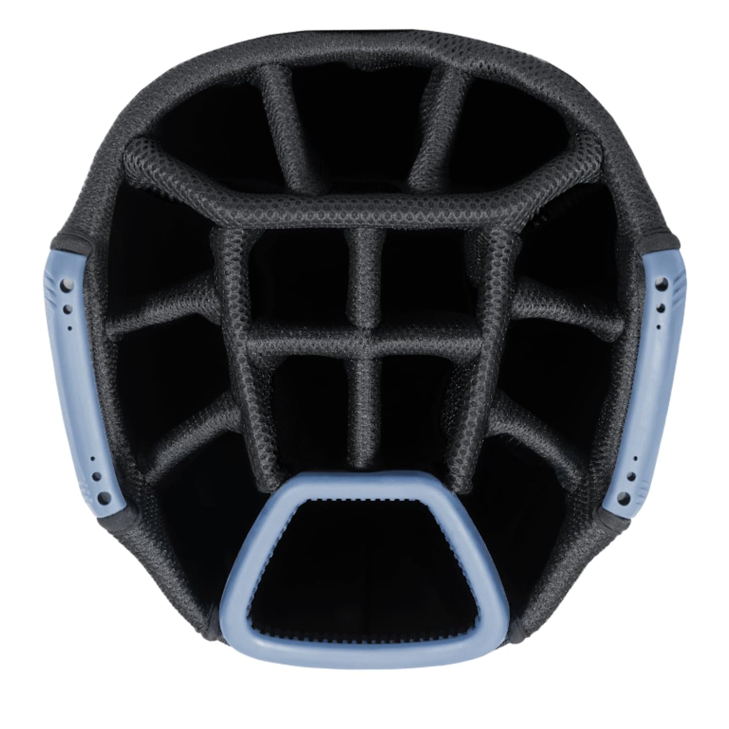 Close-up of a golf bag 14-way top in black and blue.