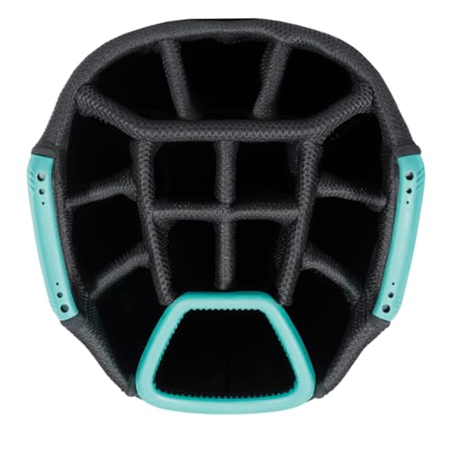 Close-up of a golf bag 14-way top in black and blue.